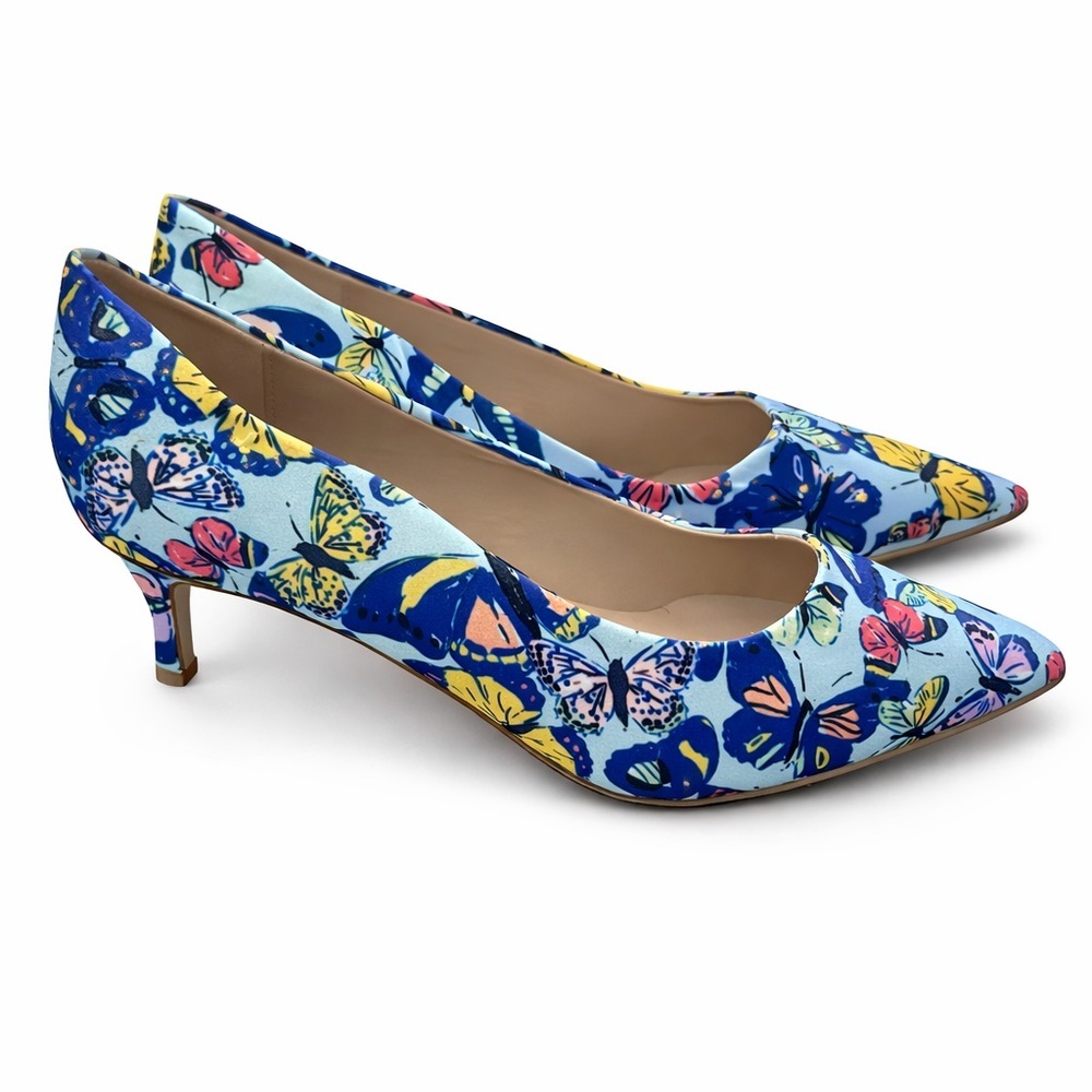 Avon Blue Butterfly Print Pointed Toe Kitten Heels